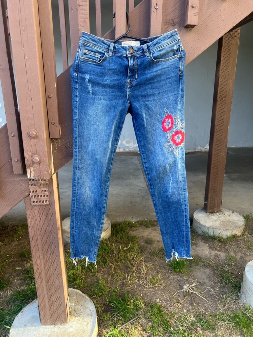 Zara Blue Skinny Jeans with Red Floral Embroidery